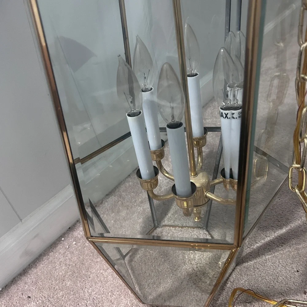 Vintage Fredrick Ramond Hanging 6 Light Candelabra Chandelier Beveled Glass